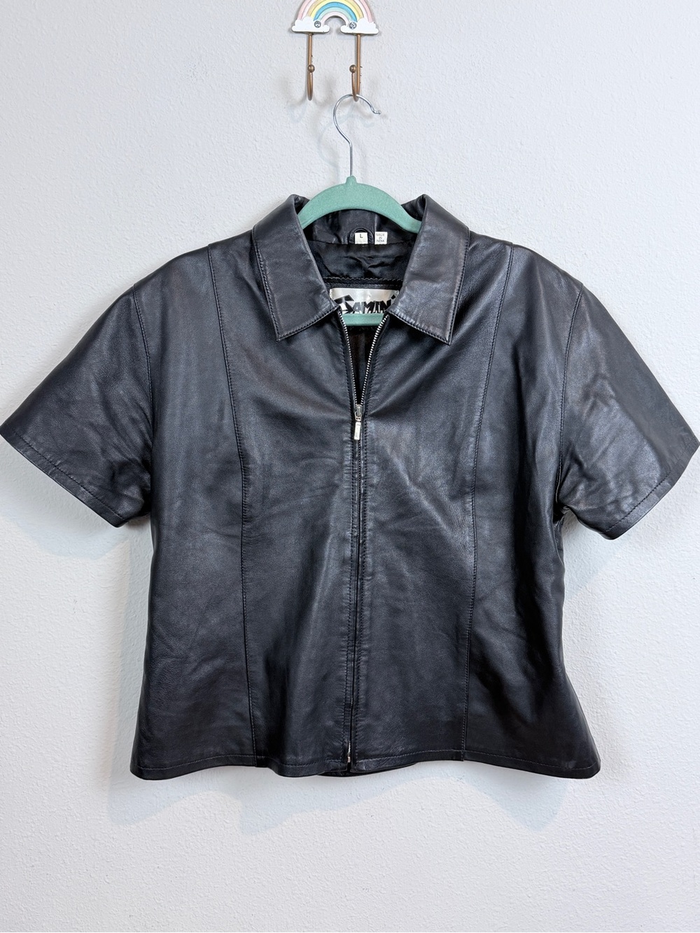 Jamin Women's Short-Sleeve Black Leather Zip Up Jacket Shirt L